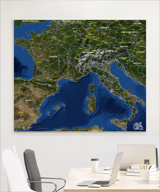 Satellite Wall Map of Europe with Major Highways & Towns