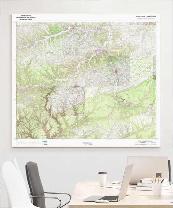 USGS Topographic Wall Map with ZIP Codes & Locations